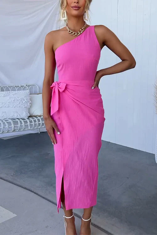 One Shoulder Knot Waist Midi DressClistos