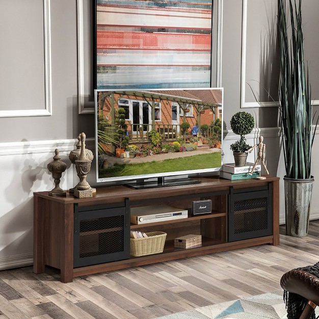 Costway Tv Stand Entertainment Center For Tv x27 s Up To 65 x27 x27 With Sliding Mesh Doors Walnut Black
