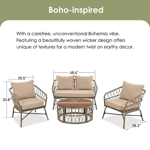 4Piece Wicker Patio Conversation Set with Beige Cushions,With Wood Tabletop