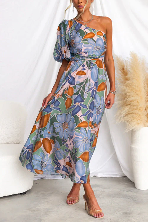 One Shoulder Maxi Dress with Belted WaistClistos