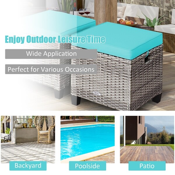 Costway 2PCS Patio Rattan Cushioned Ottoman Seat Foot Rest Table