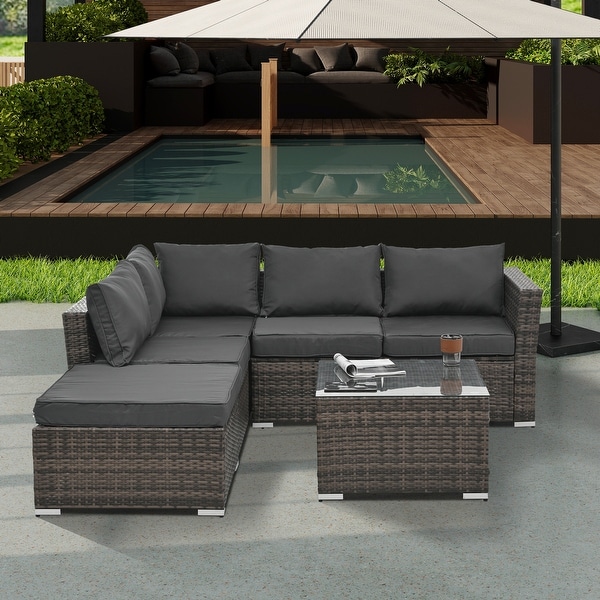 4Piece Patio Conversation Wicker Furniture Set,Sectional Sofa Set with Tempered Glass Coffee Table,Sofa Chair and Ottoman Sets