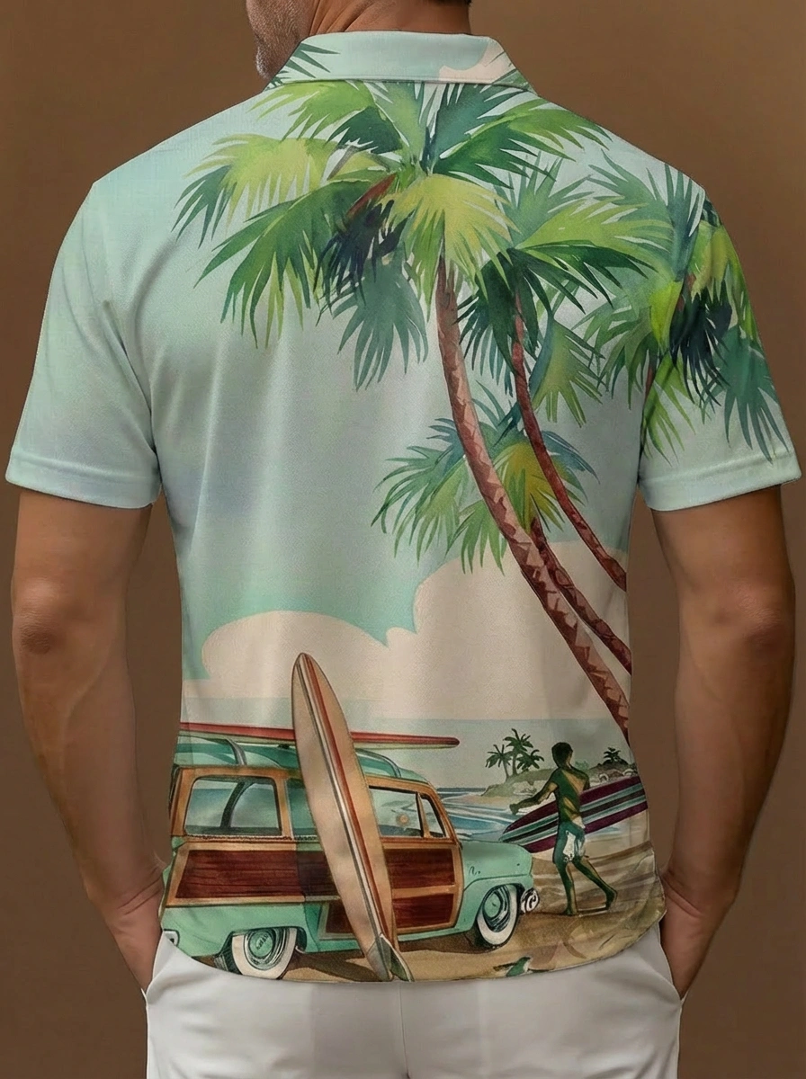 Light Green Retro Beach Surfing Car Pattern Button Short Sleeve Golf Polo Shirt