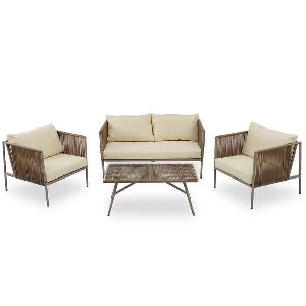 4Piece Rope Sofa Conversation Sets with Cushions and Table