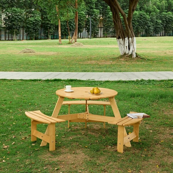 6 Person Round Picnic Table with 3 Builtin Benches,Natural