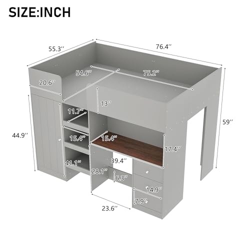 Full Size Loft Bed with L-Shaped Desk and Wardrobe, Wood Loft Bed Frame with Storage Shelves and Guardrails for Kids Teens Girls Boys Adults Bedroom Dormitory Apartment(White, Full)