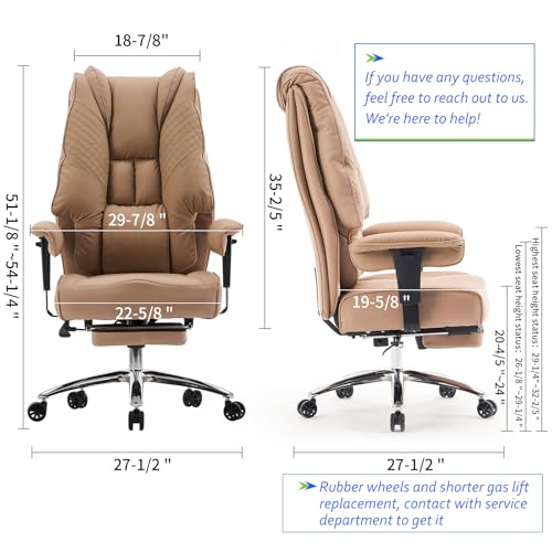 Big and Tall Office Chair 400lbs Wide Seat, Leather High Back Executive Office Chair with Foot Rest, Ergonomic Chairs Lumbar Support for Lower Back Pain Relief (Light Grey)