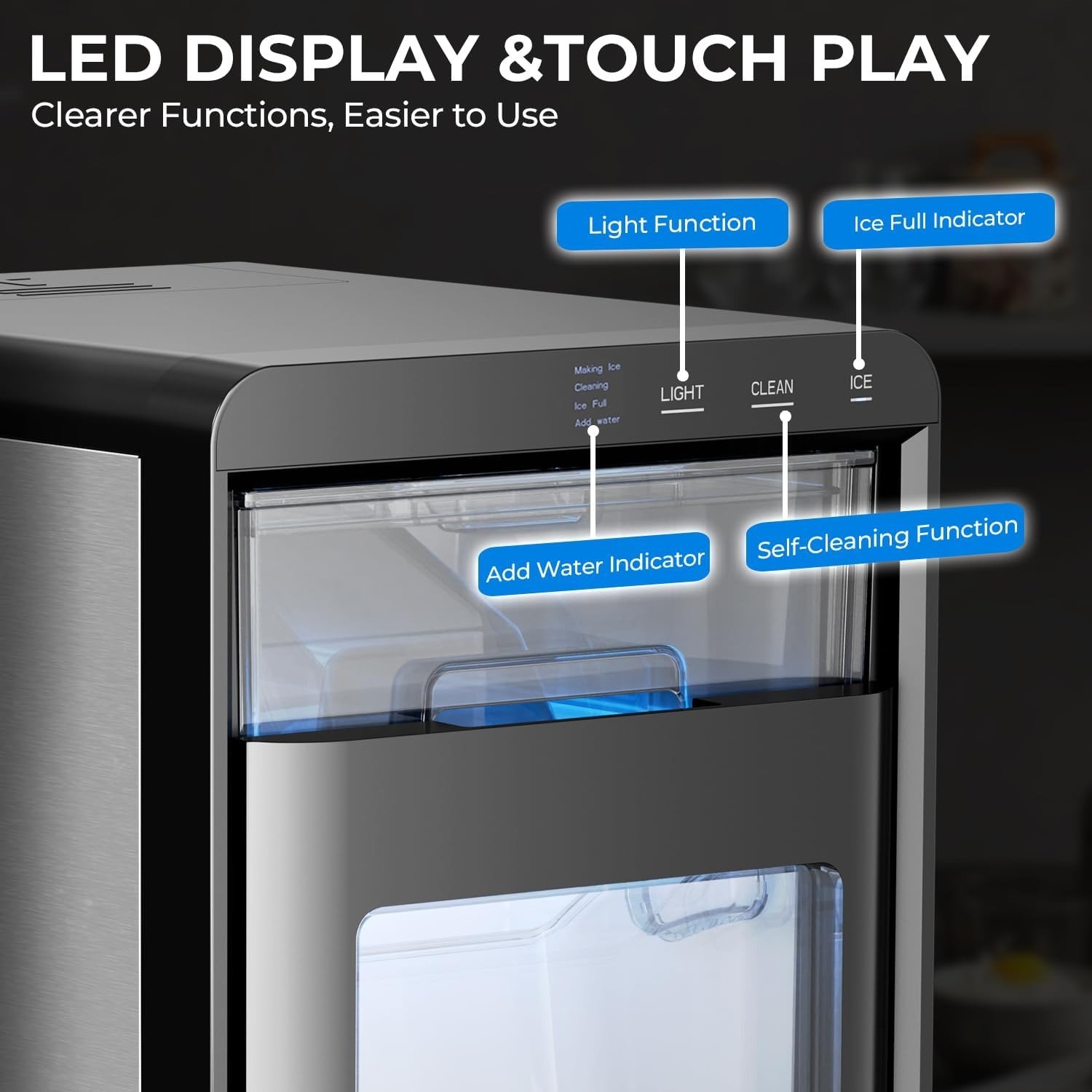 Nugget Ice Maker Countertop – 44LB/Day, Self-Cleaning Portable Ice Machine with LED Display, 10-15 Minute Fast Ice Making for Home/Office/Bar