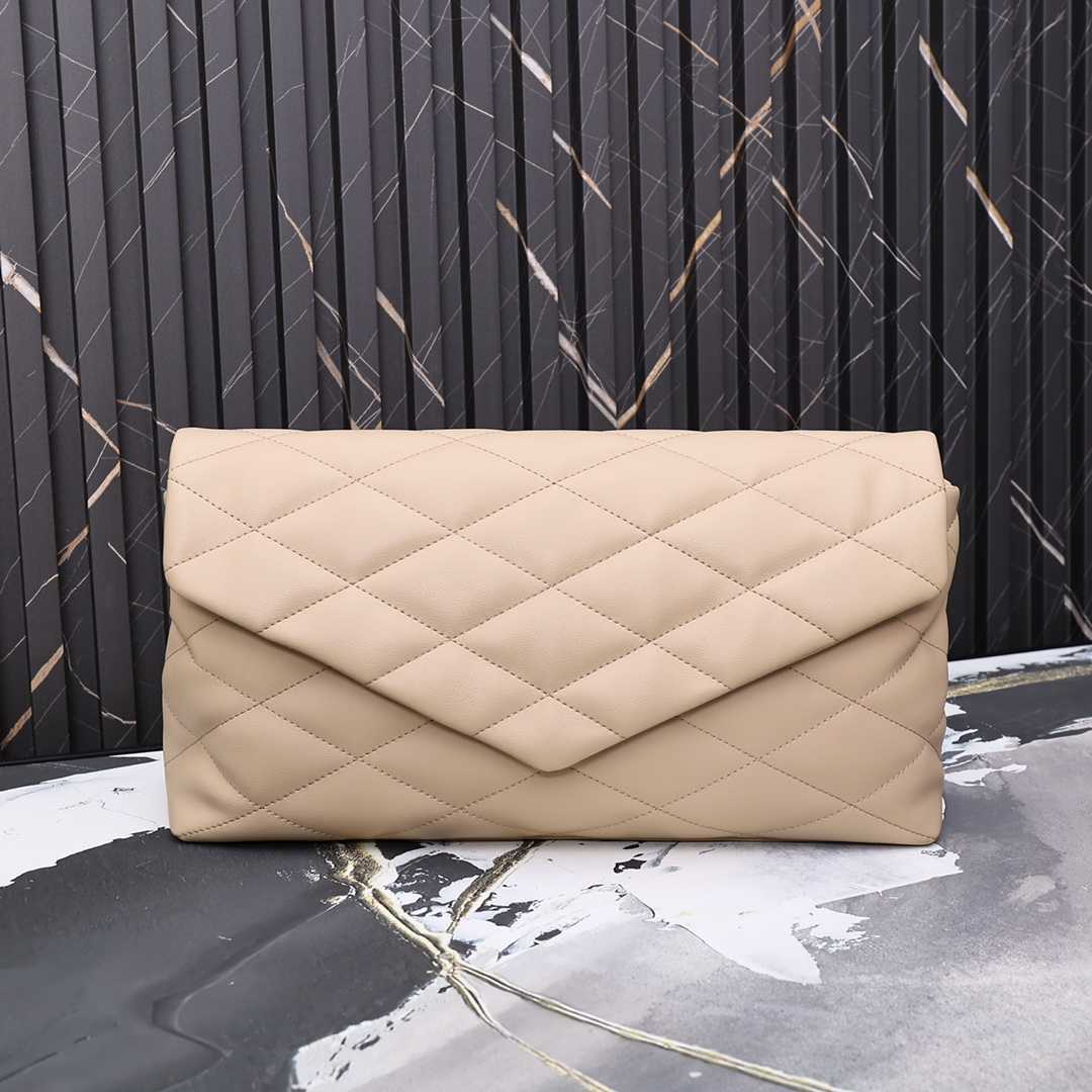 Saint Laurent Sade Puffy Leather Envelope Clutch Bag Beige
