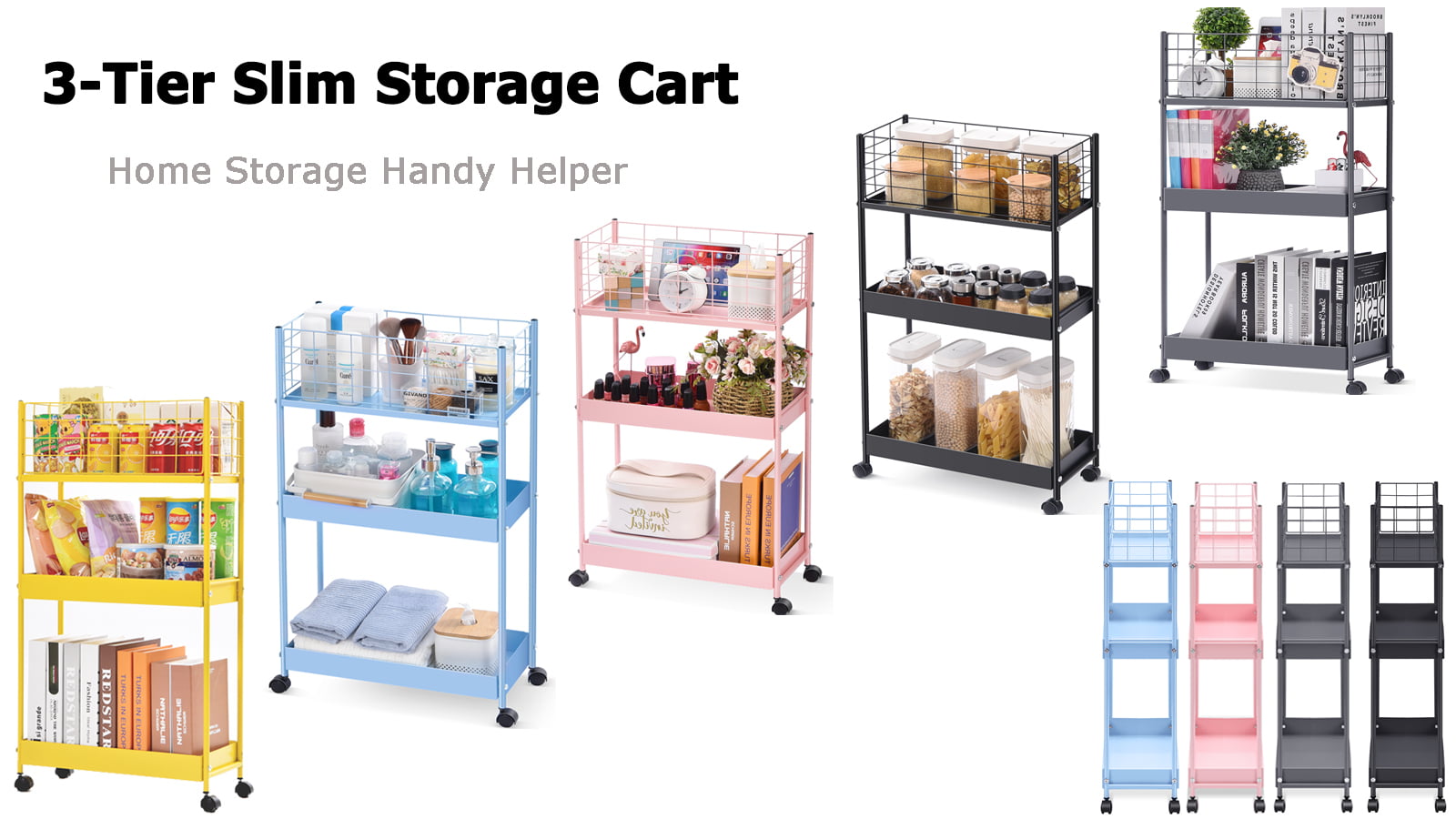 KINGRACK Slim Storage Cart,3-Tier Metal Utility Rolling Cart with Wheels, Slide Out Storage Cart, Skinny Storage Rolling Cart, Storage Trolley Cart for Office Kitchen Bathroom Narrow Place, File CGrey