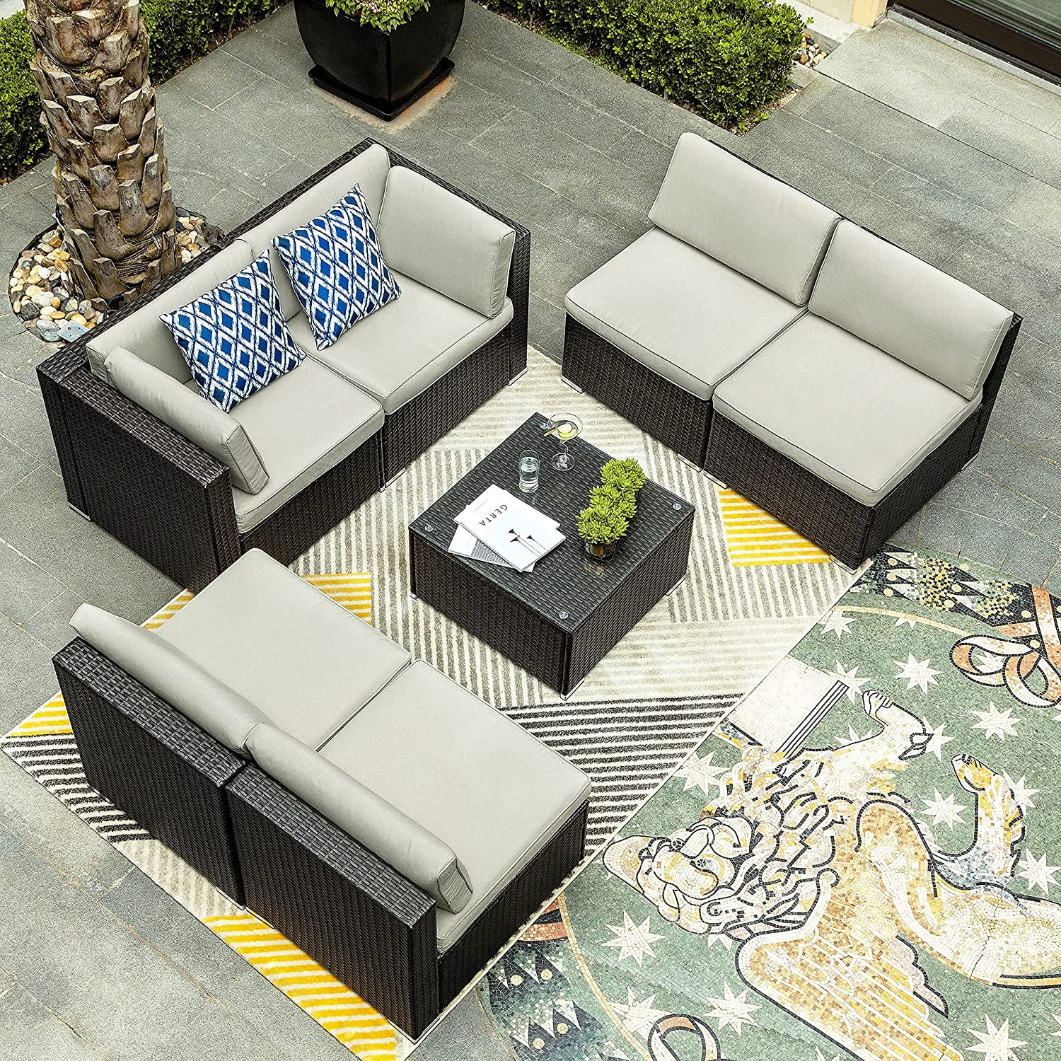 DWVO 7 Pieces Outdoor Patio Sectional Sofa Sets All-Weather PE Rattan Wicker Conversation Set with Table Cushions Patio Furniture Set Outside Couch for Porch Lawn Garden, Black