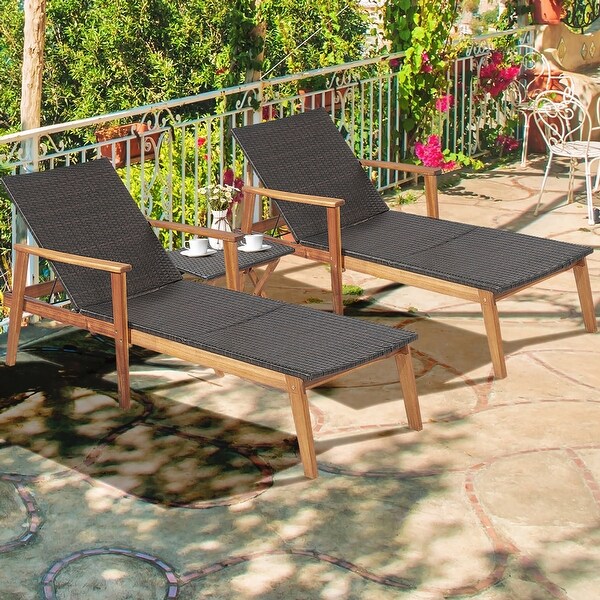 Costway 2PCS Patio Rattan Lounge Chair Chaise Recliner Wood Back