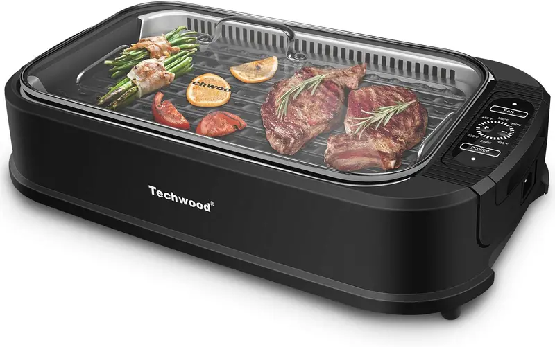 Techwood 1500W Smokeless Indoor Electric Grill – Compact Non-Stick BBQ with Tempered Glass Lid, 6-Temperature Control & Dishwasher-Safe Design