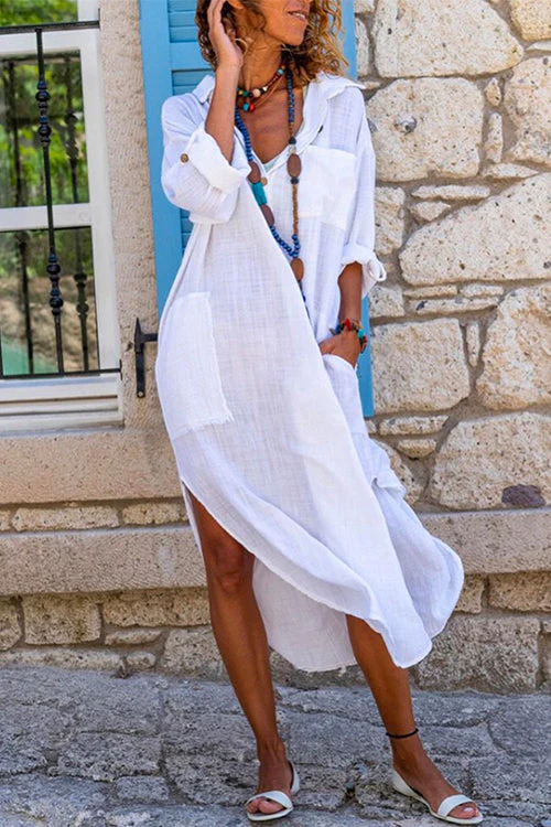 Cotton Linen Shirt Dress with Side SplitClistos