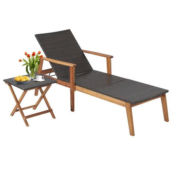 Costway 2PCS Patio Rattan Lounge Chair Chaise Recliner Wood Back