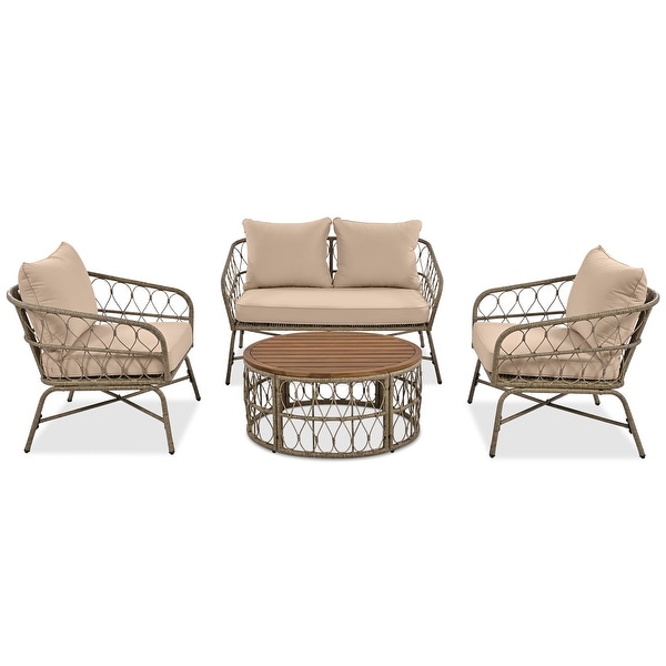 4Piece Wicker Patio Conversation Set with Beige Cushions,With Wood Tabletop