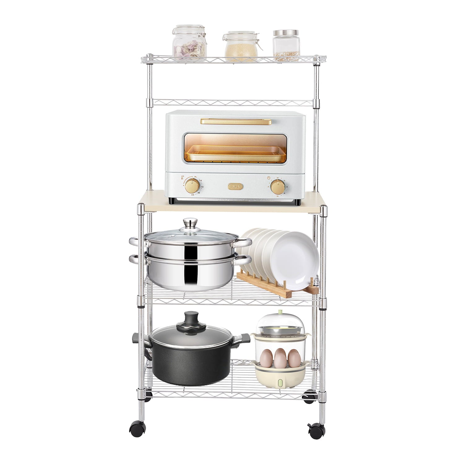 uhomepro Corner Bakers Rack, 4 Tier Kitchen Storage Microwave Rack, Microwave Cart with Cutting Board, Bakers Racks for Microwave, Silver Metal Storage Shelves