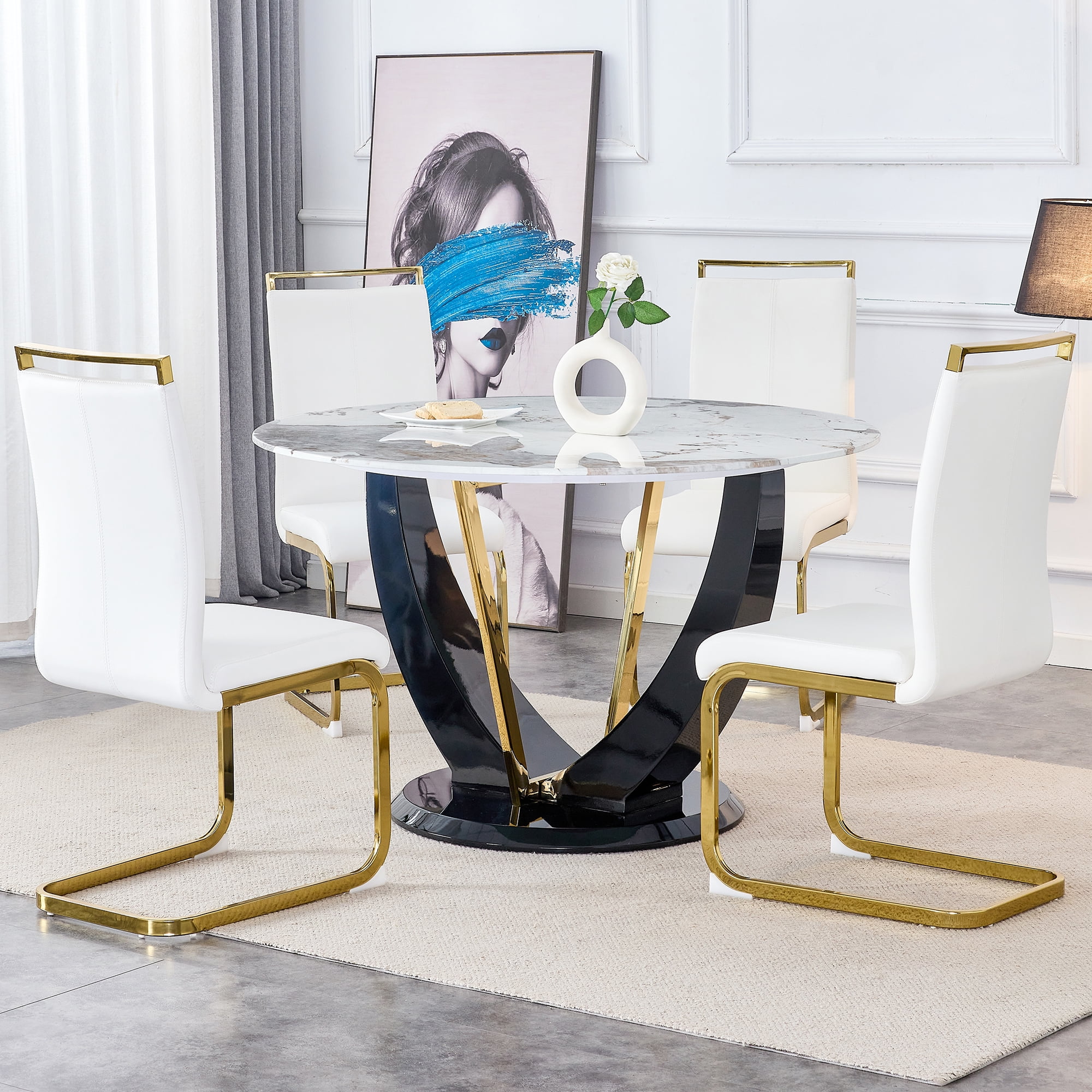 5 Piece Round Dining Table Set, Atumon Kitchen Dining Table with 4 White PU Leather Chairs, Modern Dining Room Set for 4, Dining Table Set with Metal Legs for Dining Room Kitchen Apartment