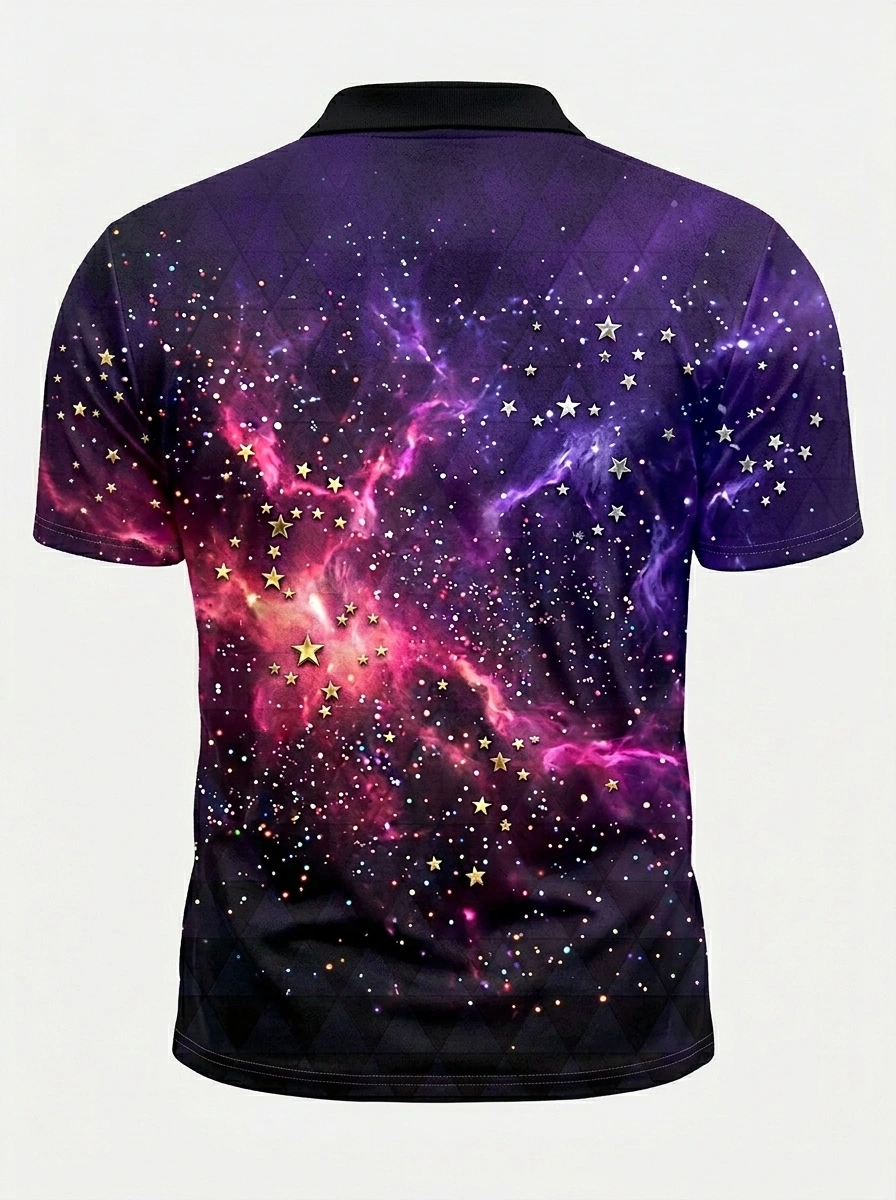 Moisture Wicking Golf Polo 3D Purple Galaxy Star Button Short Sleeve Golf Polo Shirt