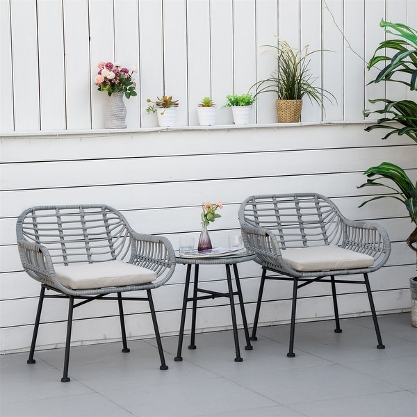 3 Piece Patio Set,PE Rattan Wicker Chairs and Table with Tempered Glass