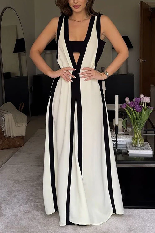 Plunging V-Neck Color Block Maxi DressClistos
