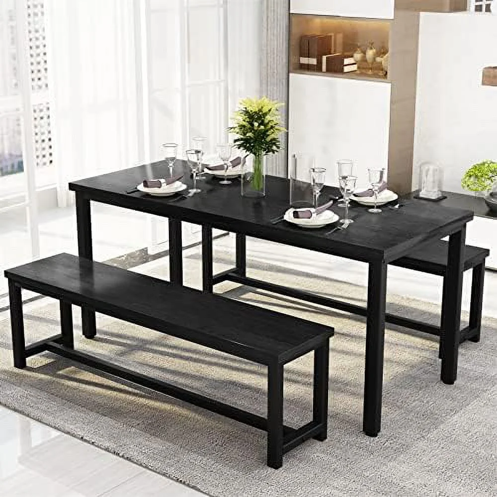 xrboomlife 47\u201D Dining Table Set with Benches  3 Pieces Dining Room Table Set for 4  Wood Kitchen Table and Chair Set  Space Saving Dinette Set for Breakfast Nook  Dining Room  Beige