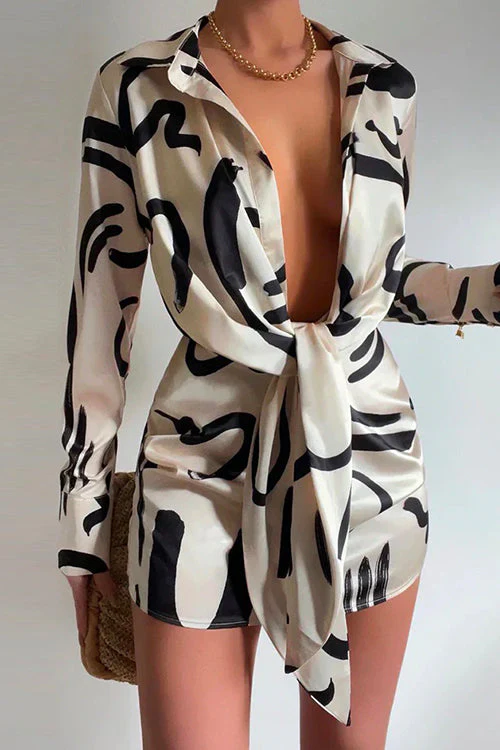 Tie Waist Printed Mini Dress with CollarClistos