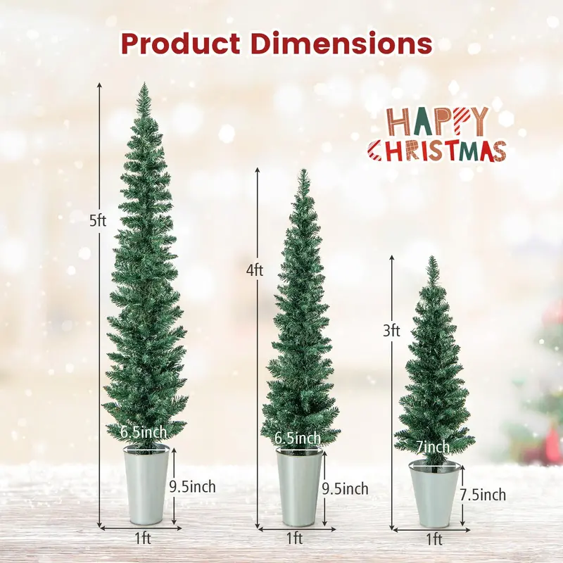 Three-Tier Slim Artificial Christmas Tree Set – 3′, 4′, 5′ Pencil Styles in Metal Buckets
