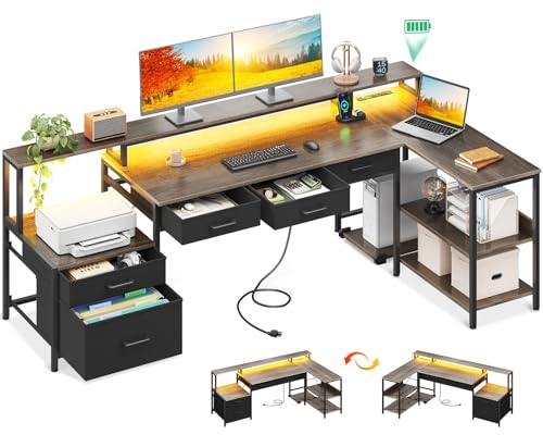 AODK L Shaped Desk with 5 File Drawers, 75