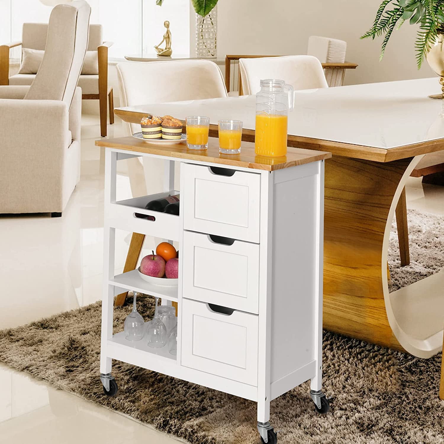 YITAHOME Mobile Rolling Kitchen Island Cart with Cabinet and Drawers and Towel Bar with 3 Drawers and 3 Storage Shelves, Solid Wood,White