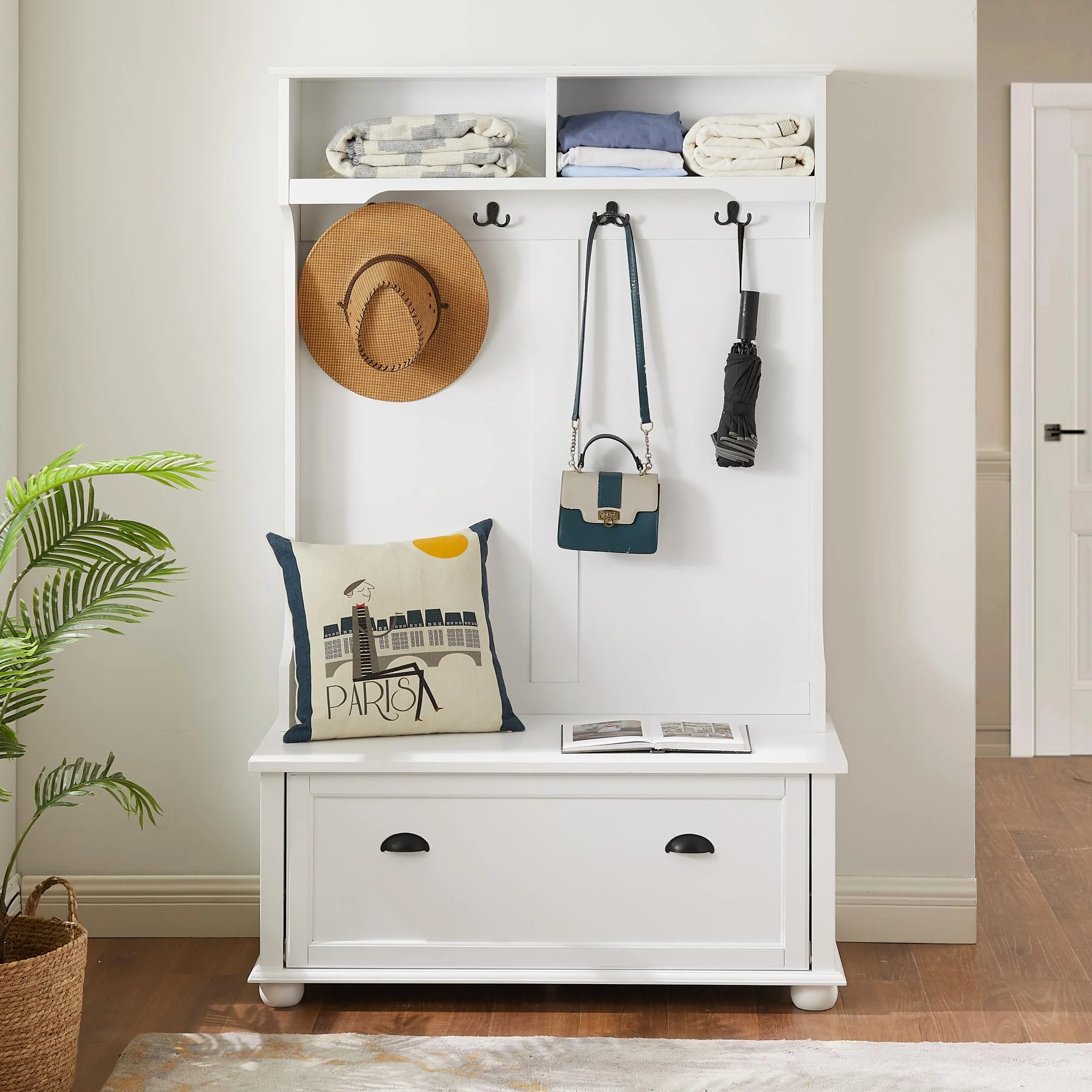 Smuxee Modern Entryway Hall Tree Bench with Coat Rack with Shoe Cabinet, Open Shelf, White