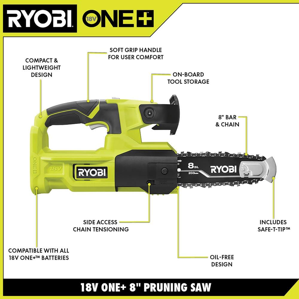 RYOBI ONE+ 18V 8 in. Battery Pruning Chainsaw P5452BTL