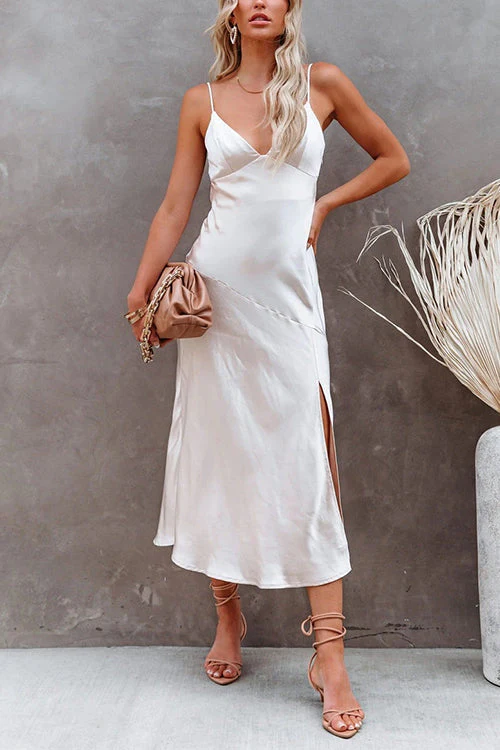 Champagne V-Neck Midi Slip Dress with Side SlitClistos