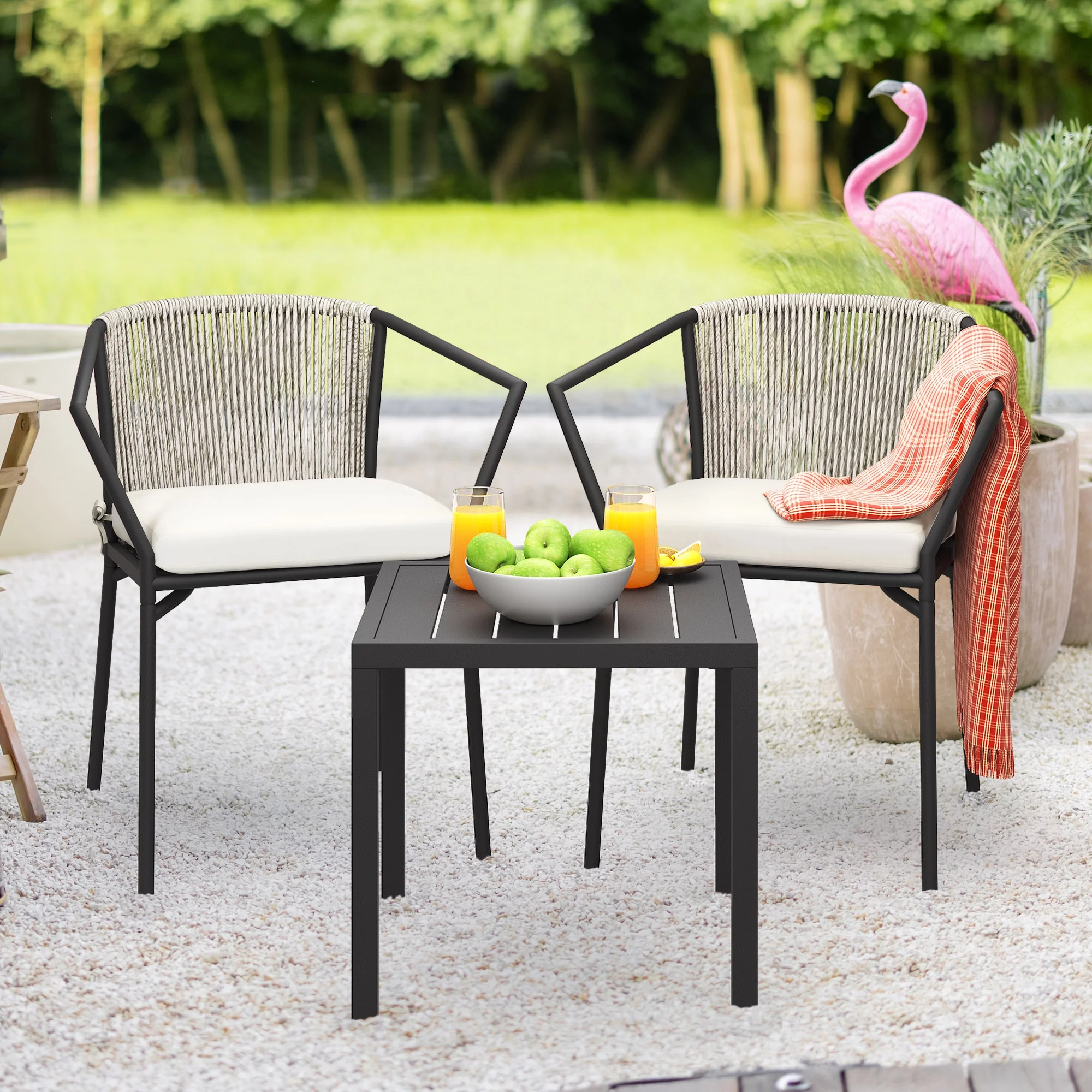 Dextrus 3-Piece Patio Conversation Bistro Set, Outdoor Wicker Dining Table Chairs Set, With 2 Stackable Chairs, Cushions, Side Table - White