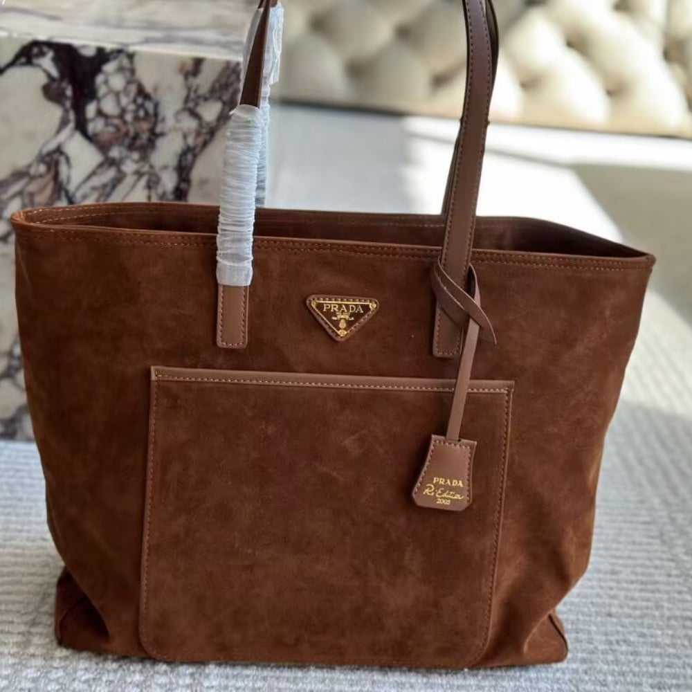 Prada Suede Double Tote Bag Cocoa Brown 35Cm