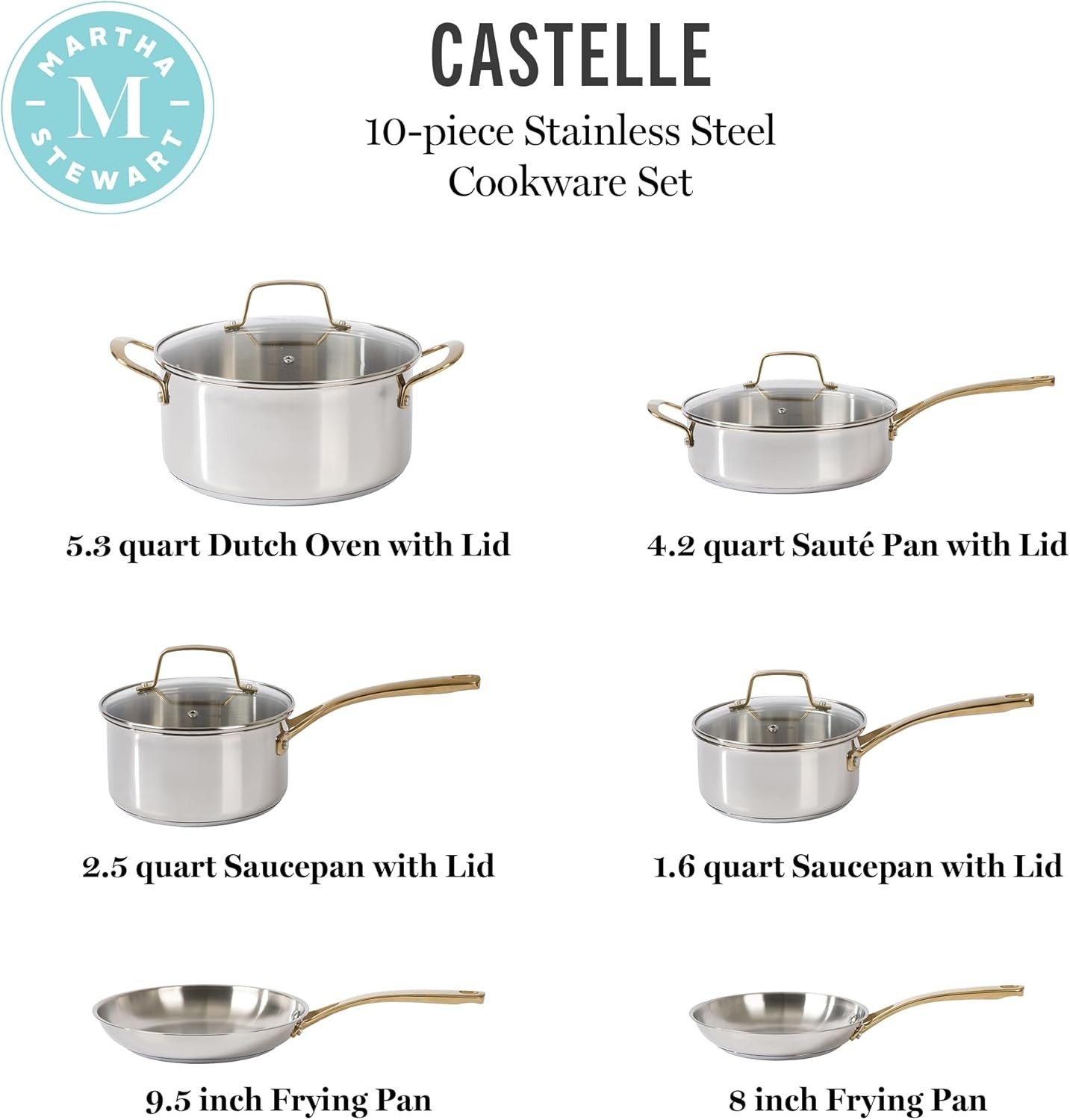 10-Piece Stainless Steel Cookware Set Induction Safe Gold Handle Brushed Finish