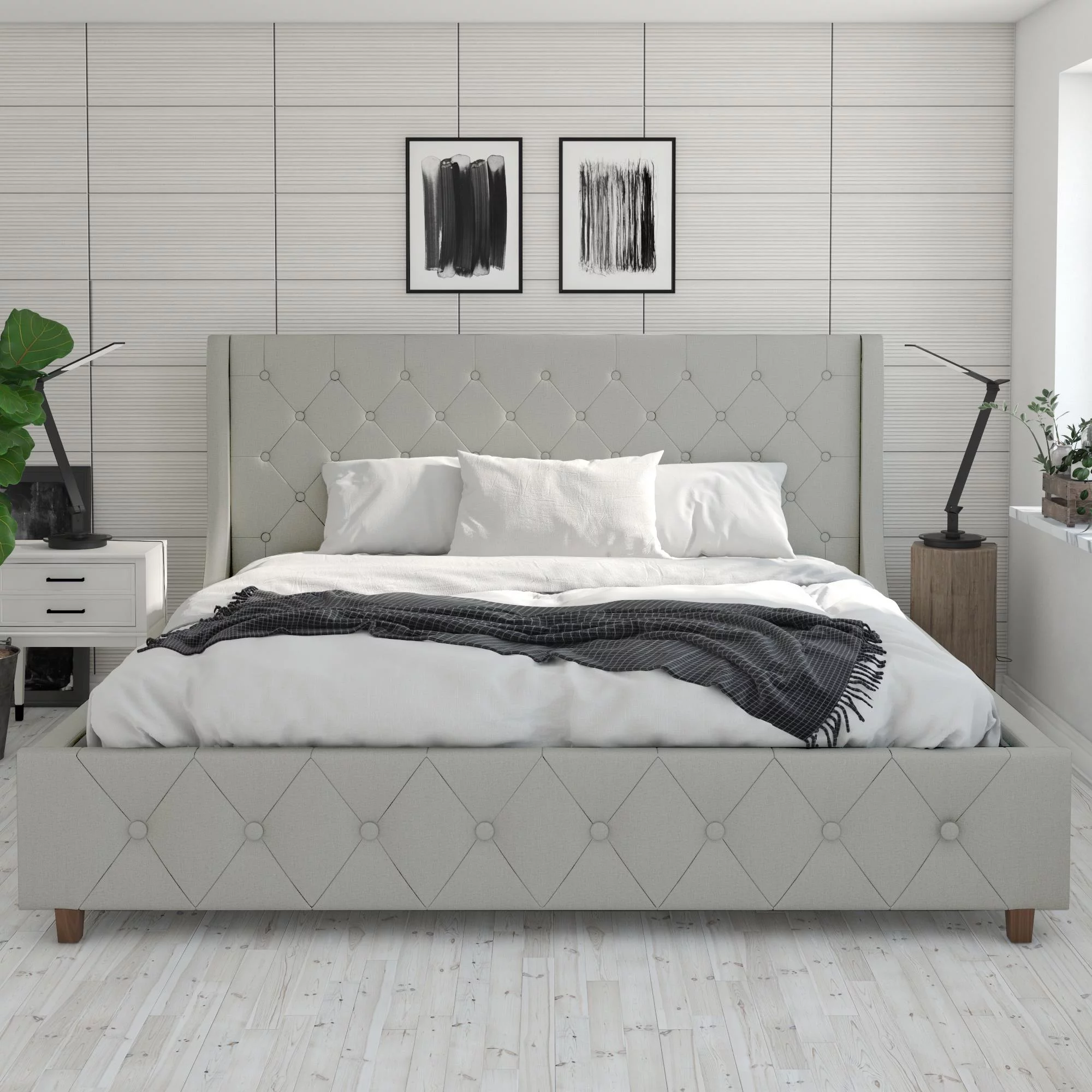 CosmoLiving by Cosmopolitan Mercer Upholstered Bed, Light Gray Linen, King