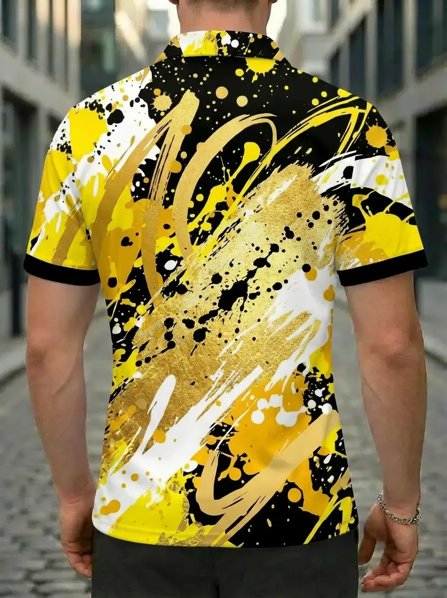 Moisture Wicking Golf Polo 3D Yellow Black White Gold Splash Button Short Sleeve Golf Polo Shirt