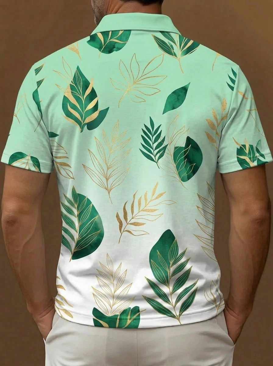 Mint Green White Gradient Gold Leaf Print Short Sleeve Golf Polo Shirt