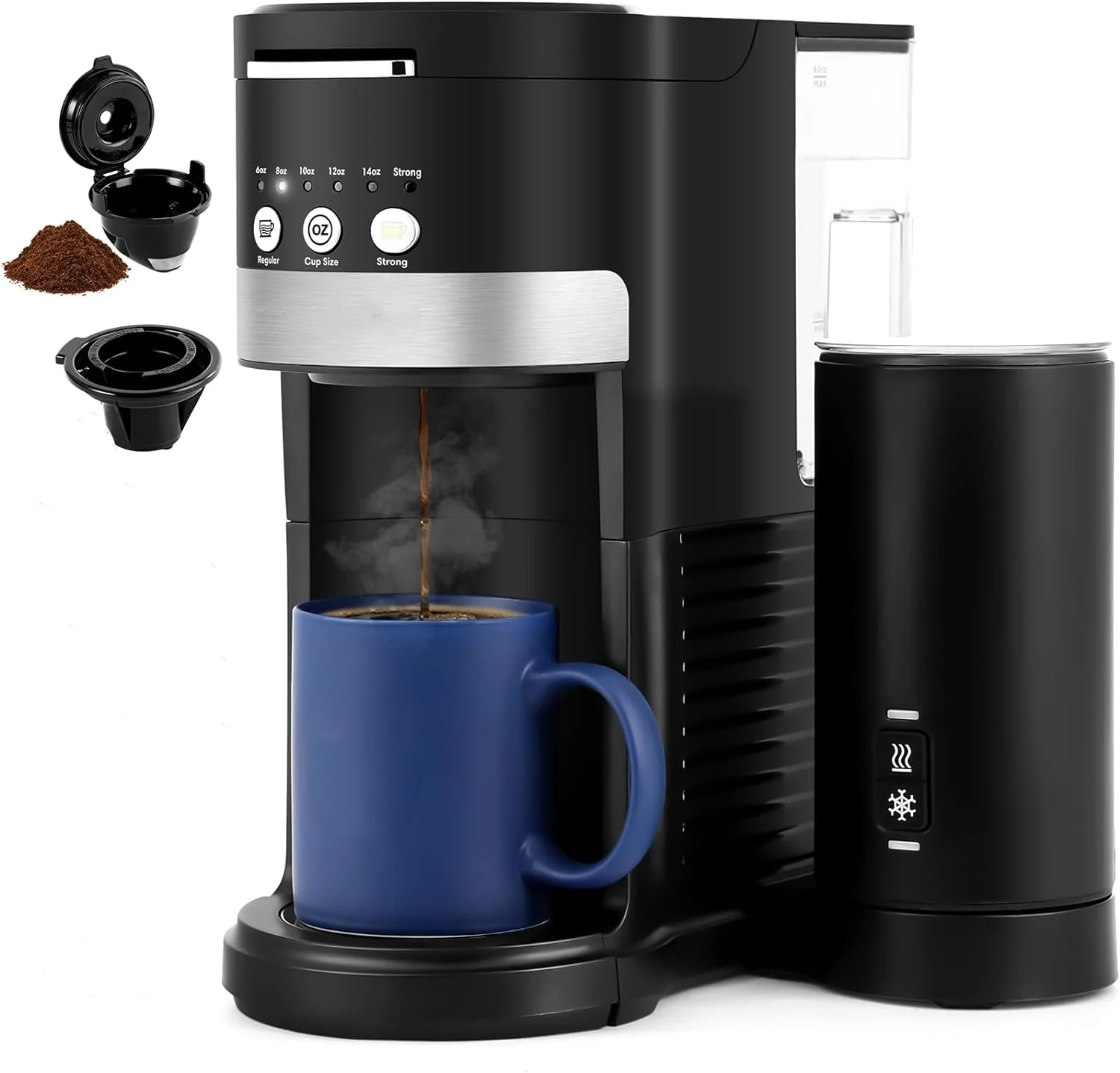 Single Serve Coffee Maker with Milk Frother, Single Cup Coffee Machine for K Cup Pod or Ground Coffee, Latte Cappuccino Coffee Makers with Power Brew Function, Gifts for Mom Dad Women Men