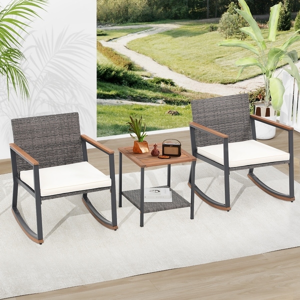 3 Piece Rocking Chair Patio Bistro Set Balcony Chairs Conversation Sets With Coffee Table and Cushions