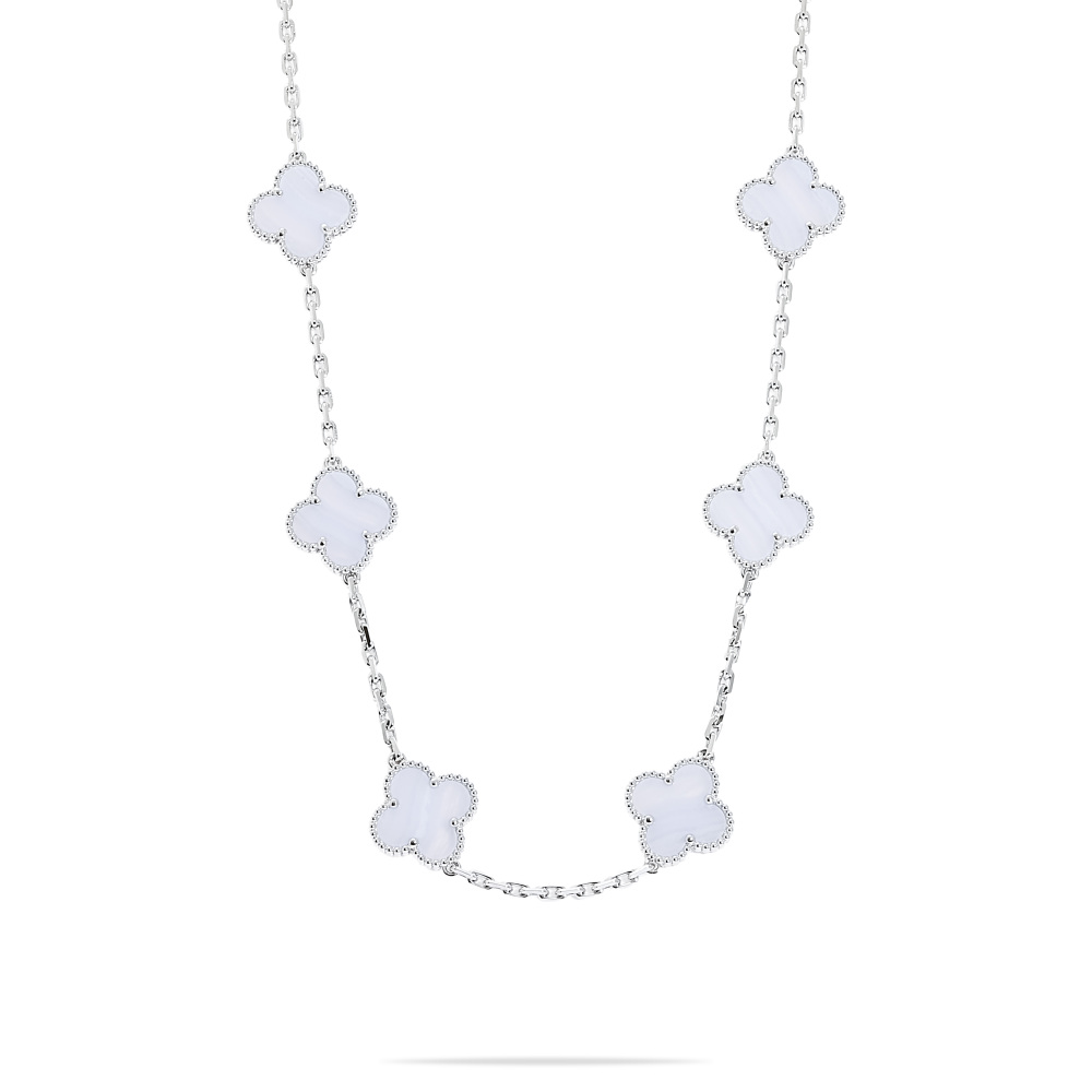 Van Cleef & Arpels Vintage Alhambra 10 Motifs Necklace 18K White Gold Chalcedony VCARD34800