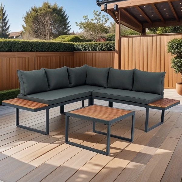 4 Piece LShaped Patio Wicker Outdoor 5Seater Sectional Sofa Seating Group Conversation Sets with Side Table