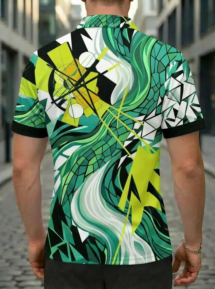Moisture Wicking Golf Polo 3D Green Yellow Black Abstract Geometric Button Short Sleeve Golf Polo Shirt