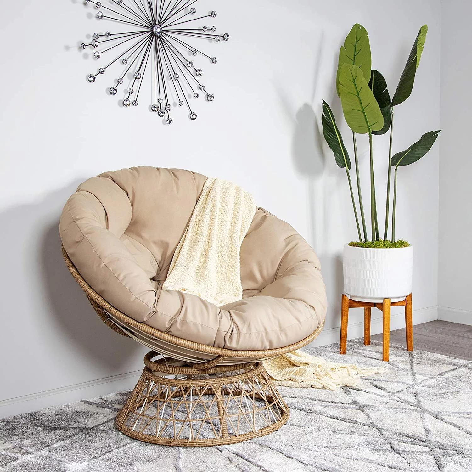Milliard Papasan Chair with 360-Degree Swivel, Wood, Color - Tan