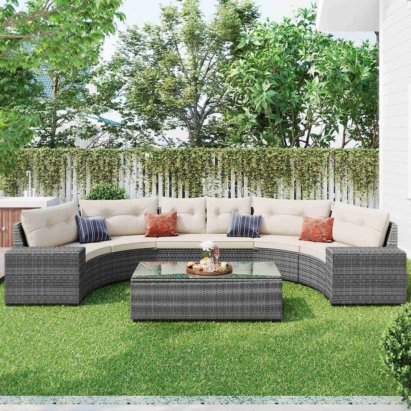 8pieces Outdoor Wicker Round Sofa Set,HalfMoon Sectional Sets All Weather,Curved Sofa Set With Rectangular Coffee Table