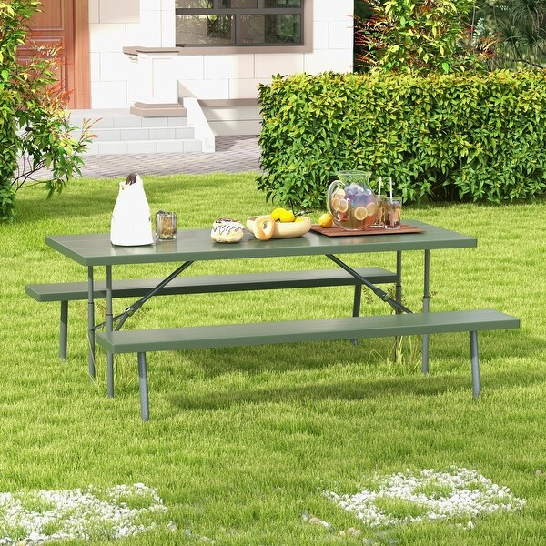 Folding Picnic Table Set with Metal Frame and AllWeather HDPE Tabletop,Umbrella Hole