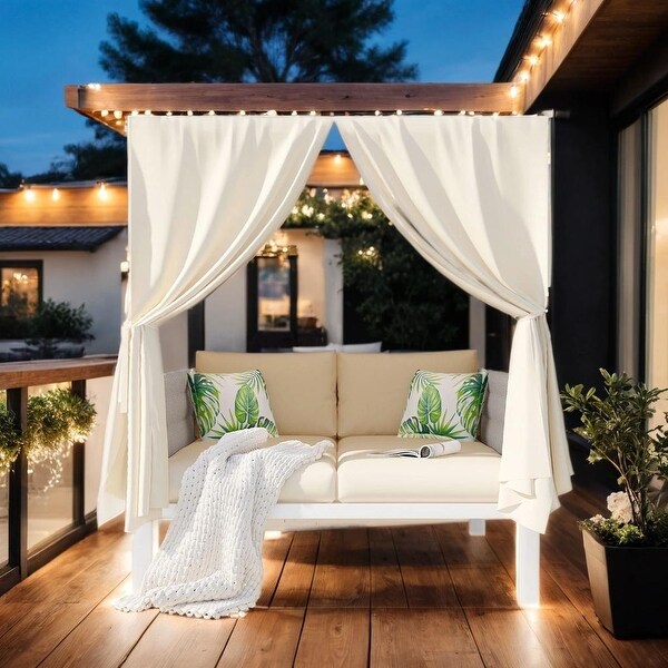 Outdoor Patio Sunbed with Curtains for Multiple Scenarios,Beige