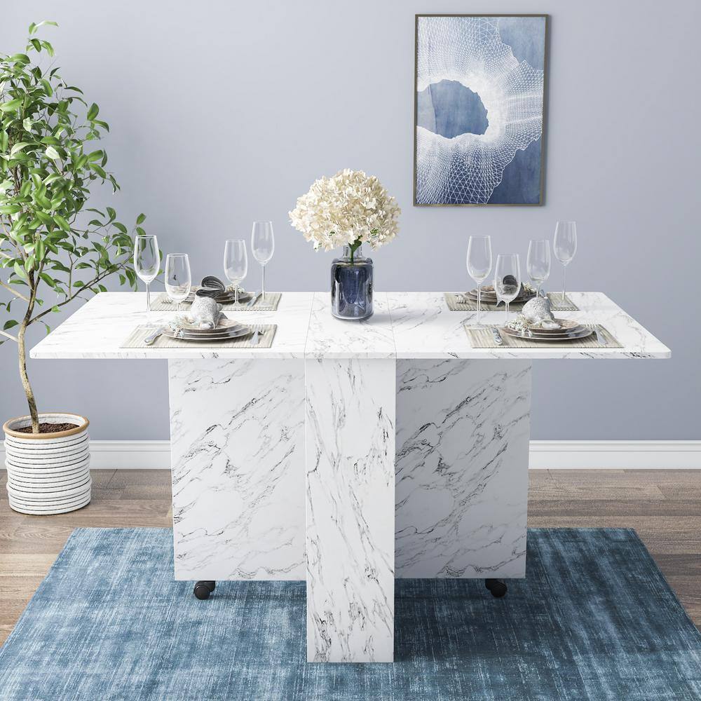 Dinaza 55.1 in. Rectangle White Marble Wood Folding Dining Table Drop Leaf Table with 2-Tier Racks with Wheels (Seats 6) POA6809144