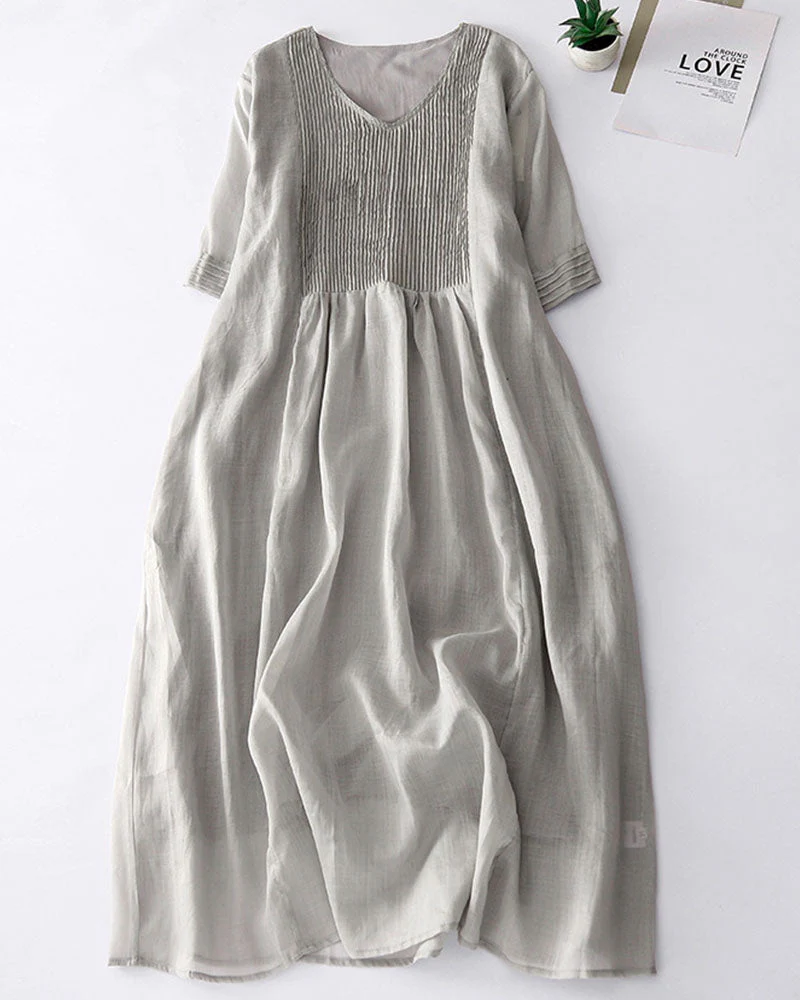 Literary Retro V-Neck Ramie Maxi DressClistos